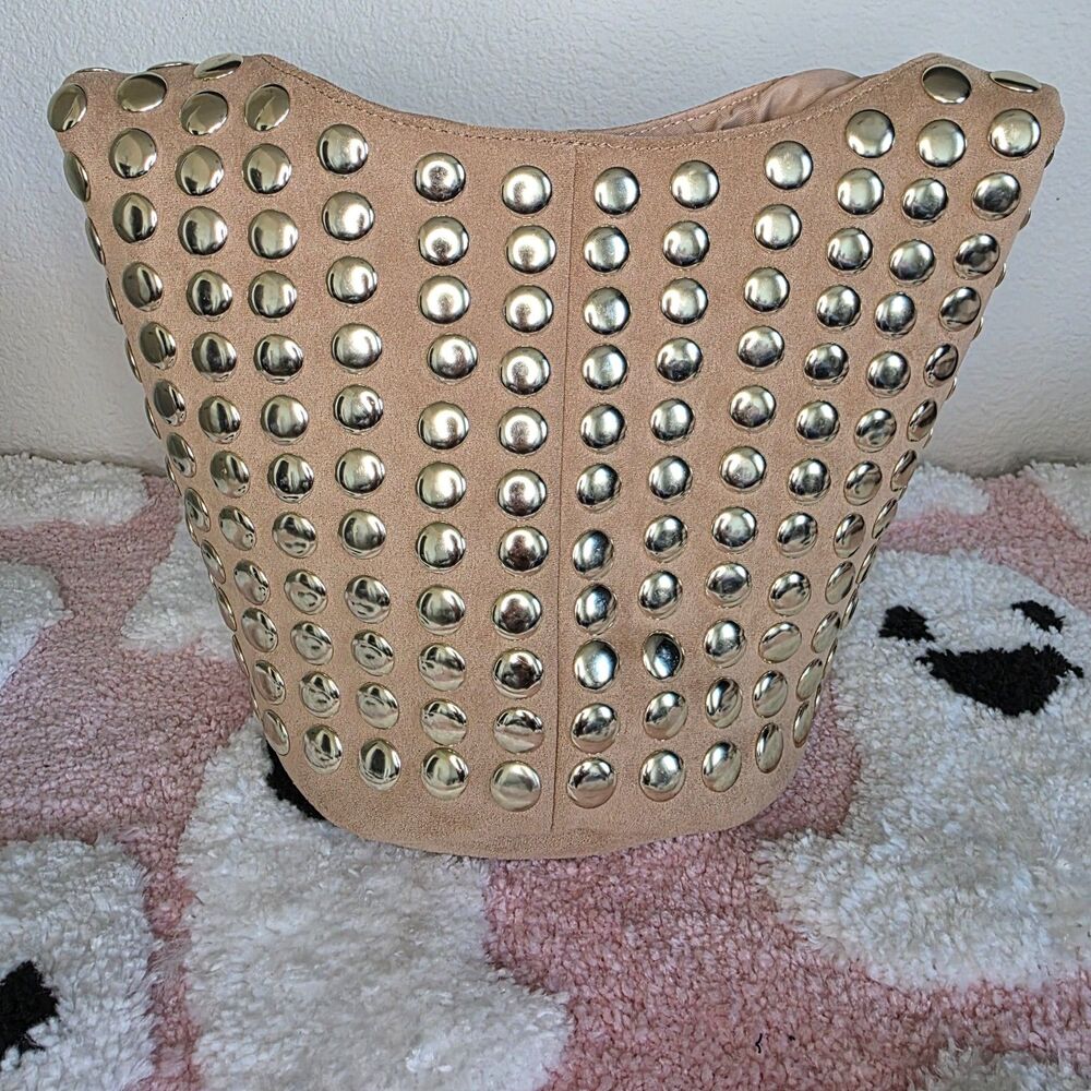 NWT Madden NYC Tan Suede Studded Bucket Shoulder Bag Gold Hardware Boho MNY-992